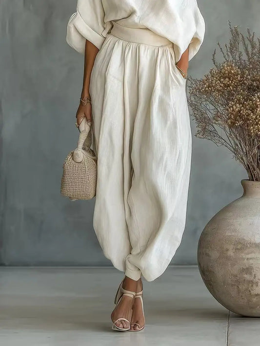2 Pcs One Shoulder Linen Top & Lantern Pants Set