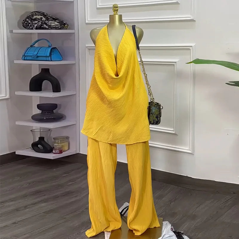 Deep V-Neck Halter Top and Wide Leg Pants