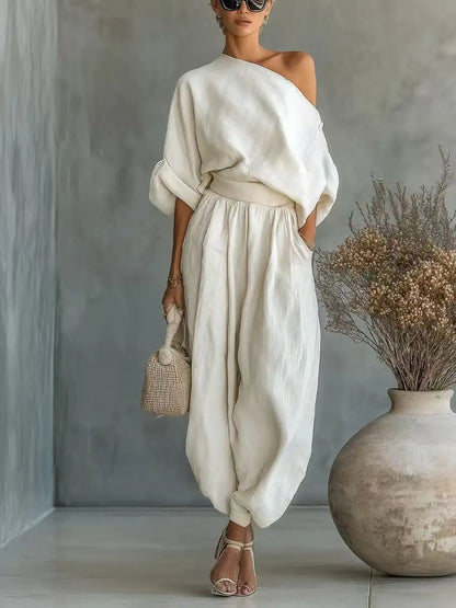 2 Pcs One Shoulder Linen Top & Lantern Pants Set