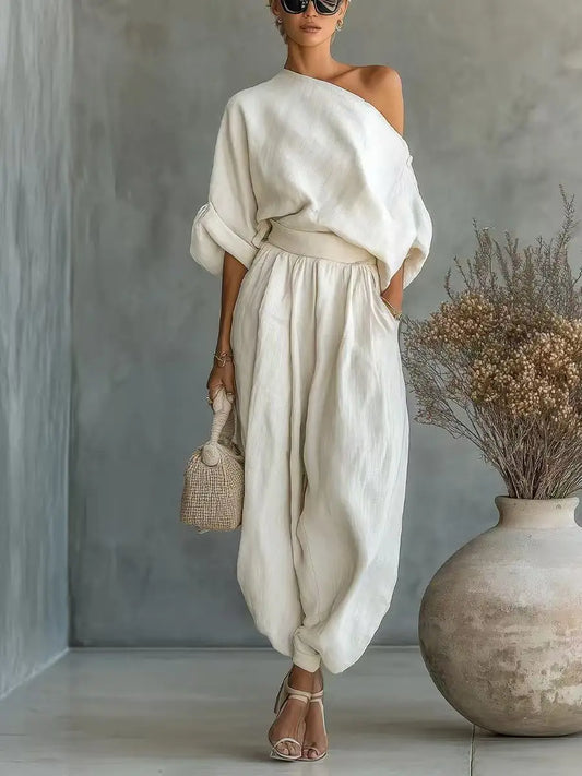 2 Pcs One Shoulder Linen Top & Lantern Pants Set