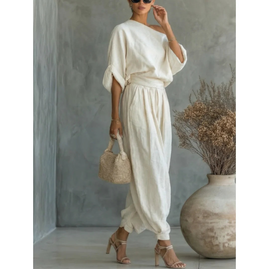 2 Pcs One Shoulder Linen Top & Lantern Pants Set