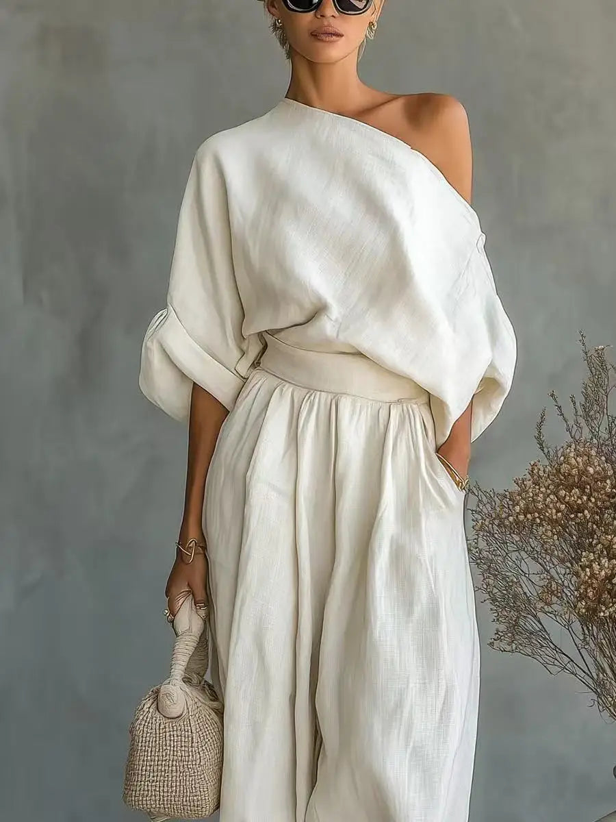 2 Pcs One Shoulder Linen Top & Lantern Pants Set
