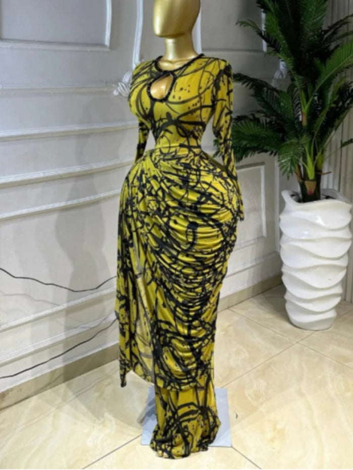 Tie Dye Print Ribbon Ruched Bodycon Maxi Dress