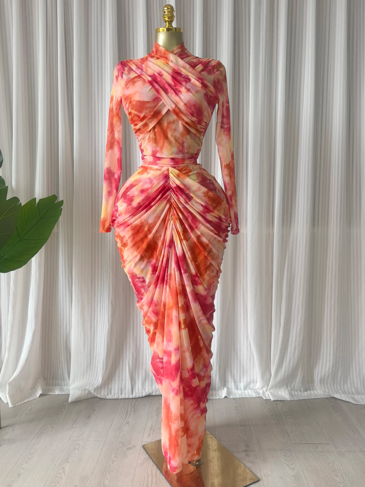 Tie Dye Printed Crop Top + Ruched Maxi Skirt