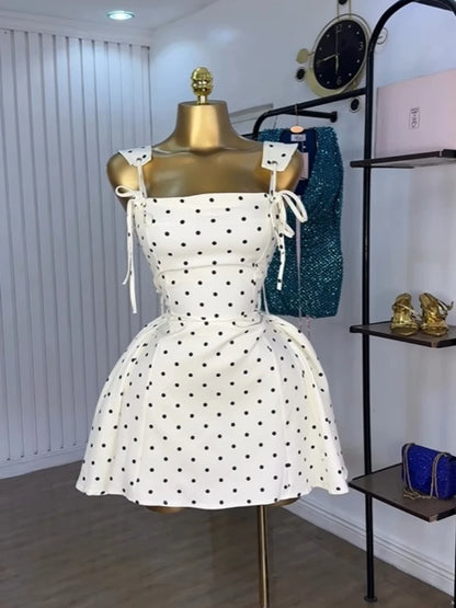 Women Dot Printed Slash A-line Smock Mini Dress