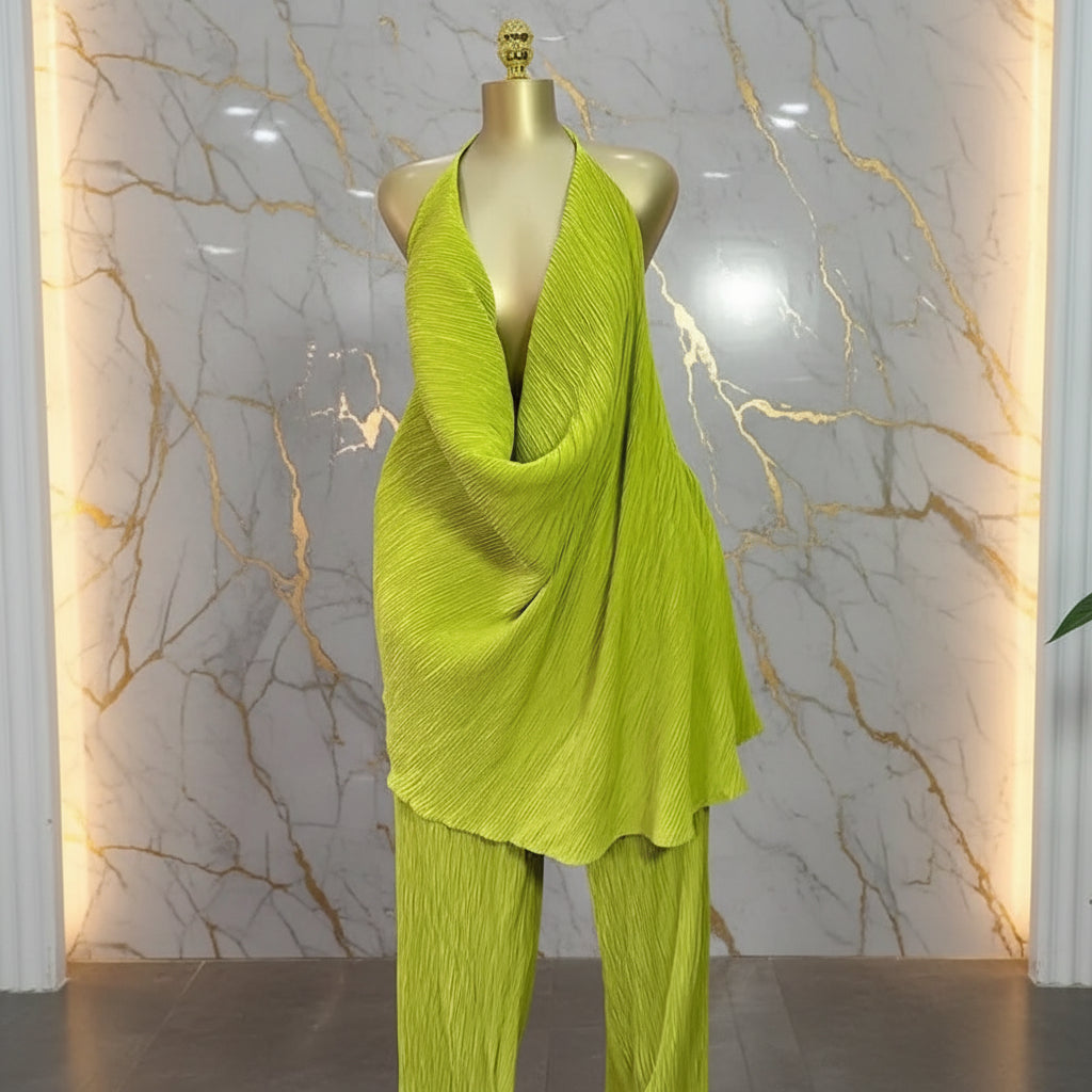 Deep V-Neck Halter Top and Wide Leg Pants