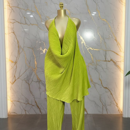 Deep V-Neck Halter Top and Wide Leg Pants
