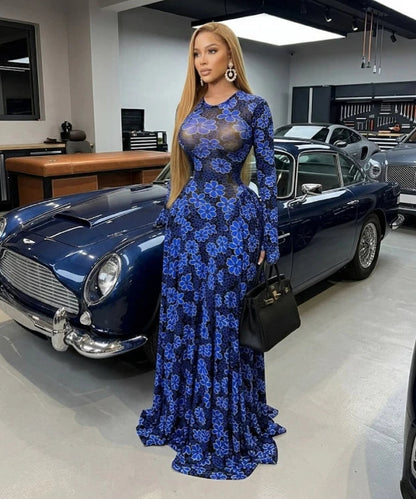 Women O-Neck Floral Print Pleated Maxi Dress