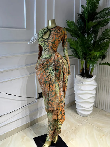 Tie Dye Print Ribbon Ruched Bodycon Maxi Dress