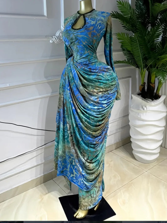 Tie Dye Print Ribbon Ruched Bodycon Maxi Dress