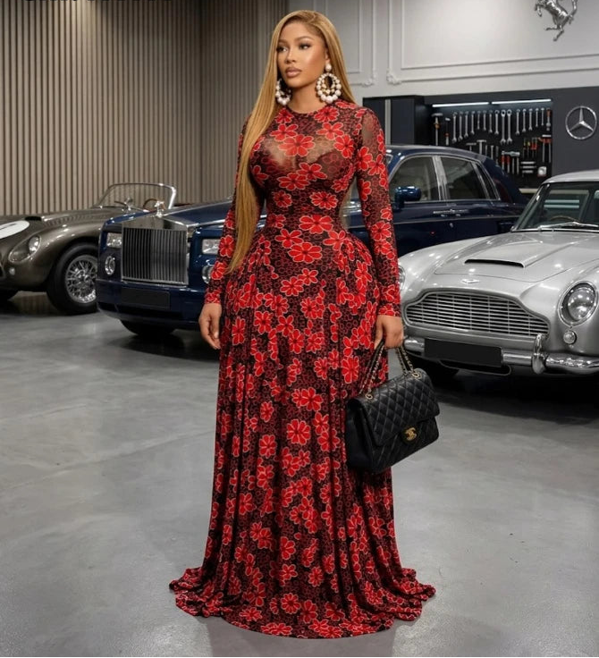 Women O-Neck Floral Print Pleated Maxi Dress