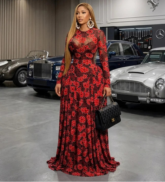 Women O-Neck Floral Print Pleated Maxi Dress