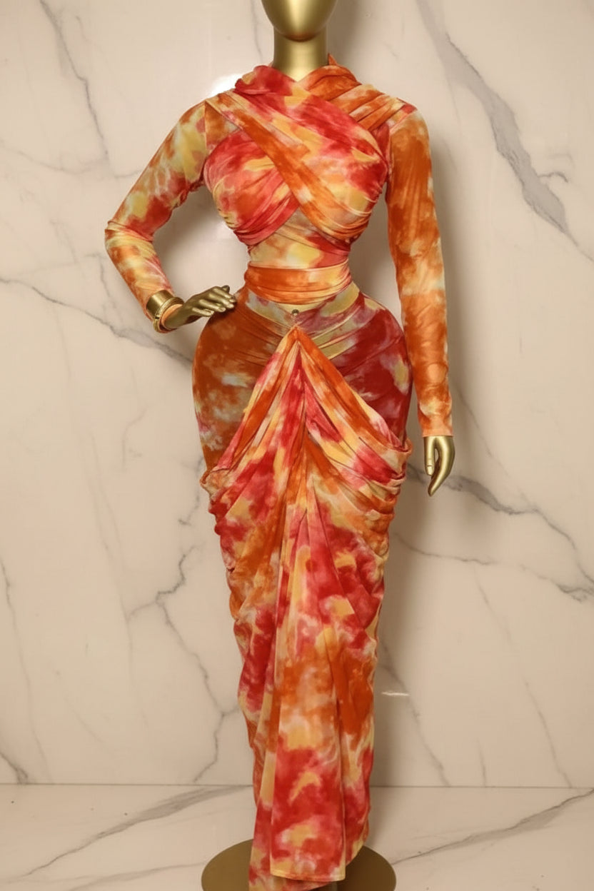 Tie Dye Printed Crop Top + Ruched Maxi Skirt
