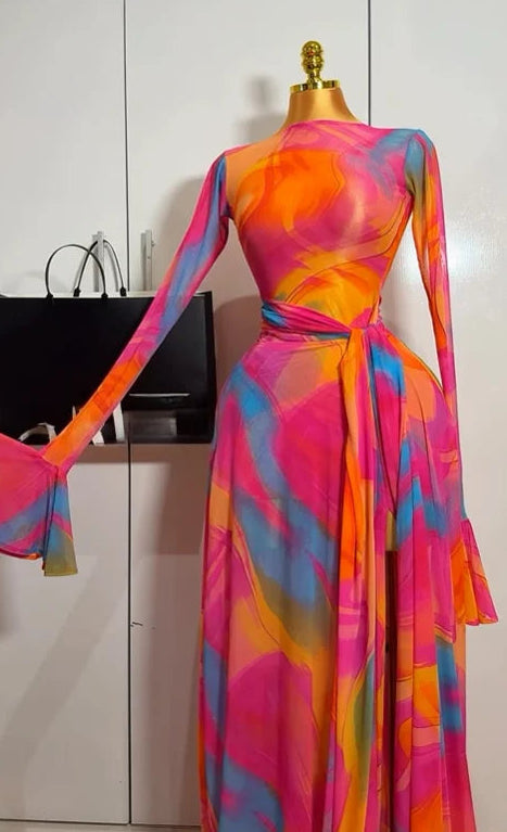 Women Long Flare Sleeve Mermaid Maxi Belt Dress
