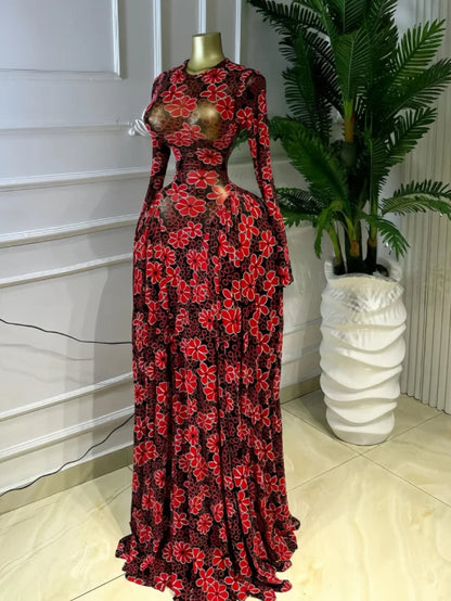 Women O-Neck Floral Print Pleated Maxi Dress