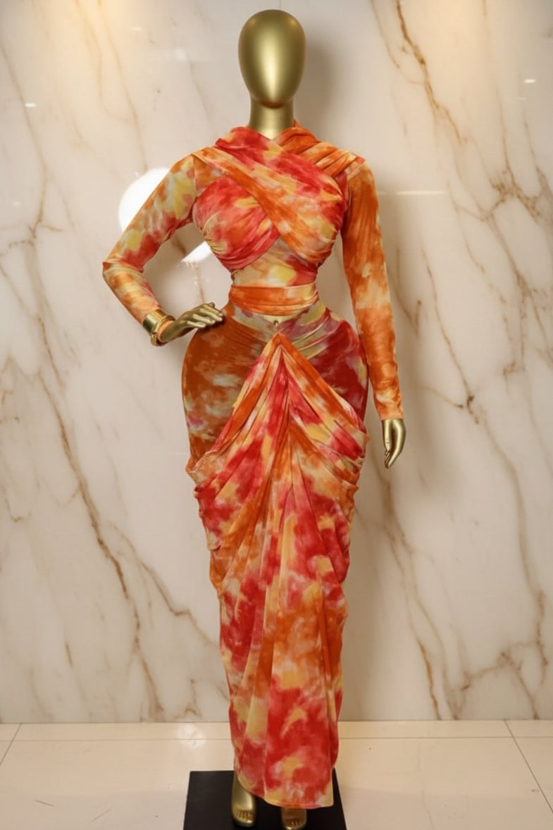Tie Dye Printed Crop Top + Ruched Maxi Skirt