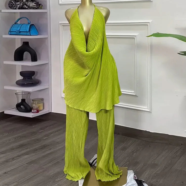Deep V-Neck Halter Top and Wide Leg Pants