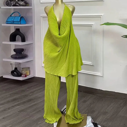 Deep V-Neck Halter Top and Wide Leg Pants