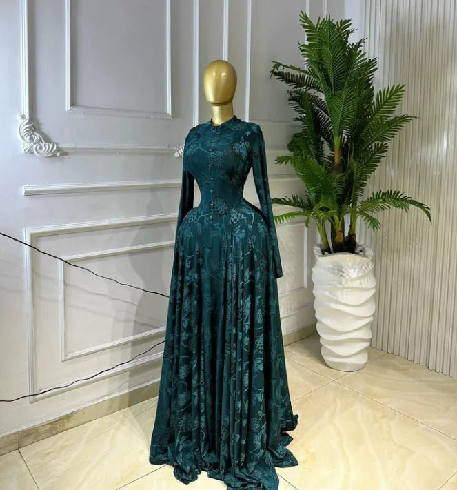 Full Sleeve Pleated Button Print Maxi Dress