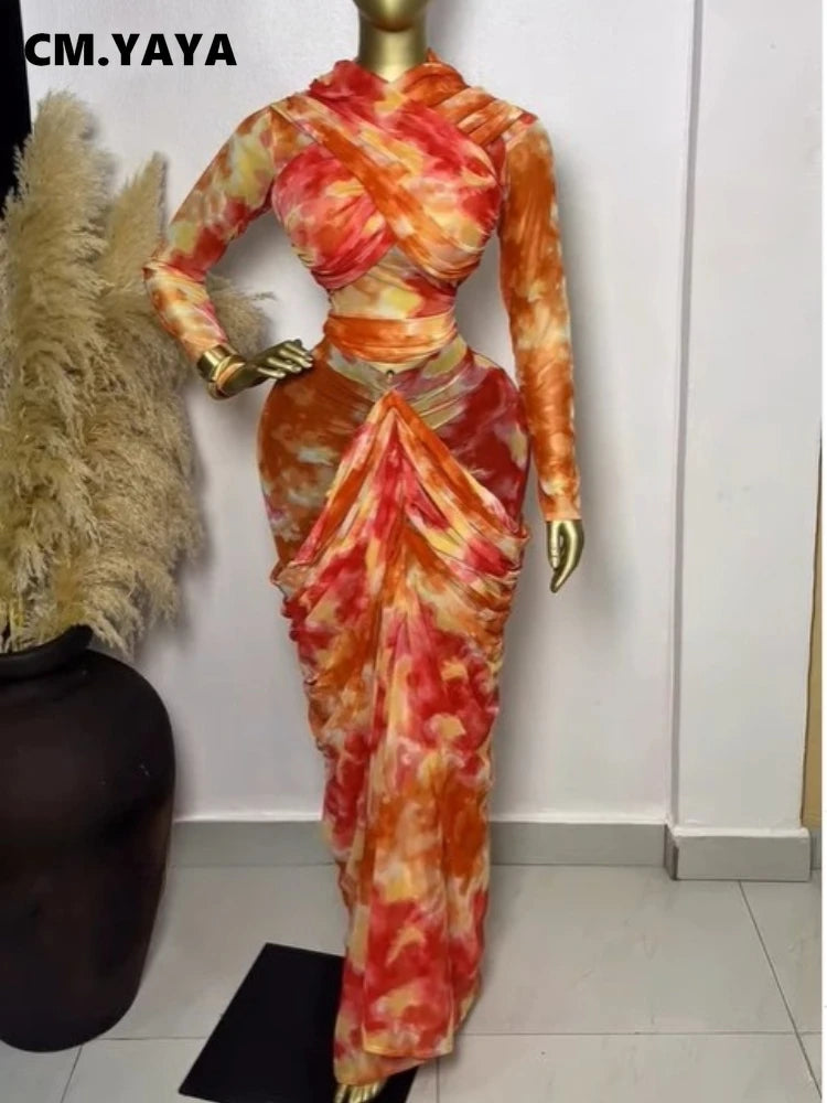 Tie Dye Printed Crop Top + Ruched Maxi Skirt