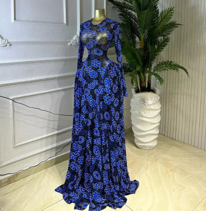 Women O-Neck Floral Print Pleated Maxi Dress