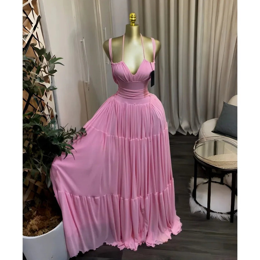 Long Strapless Halter Slim Pleated Dress
