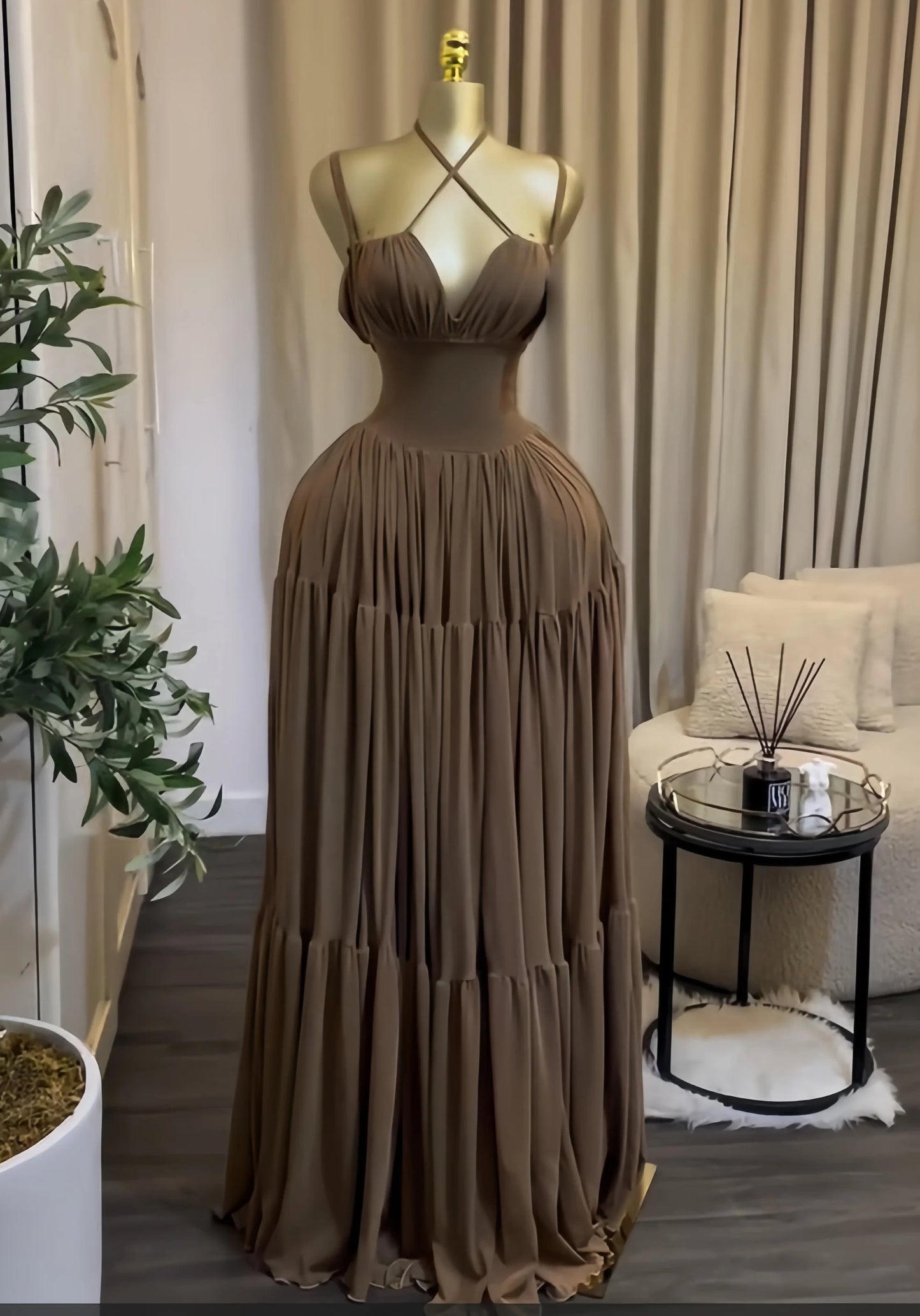 Long Strapless Halter Slim Pleated Dress