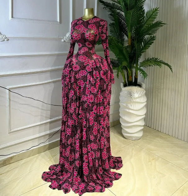 Women O-Neck Floral Print Pleated Maxi Dress
