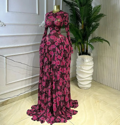 Women O-Neck Floral Print Pleated Maxi Dress