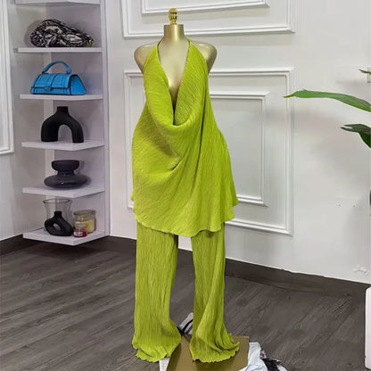 Deep V-Neck Halter Top and Wide Leg Pants