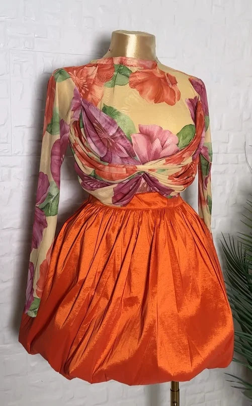 Ruched Cross Floral Print Bud Mini Skirt Suit