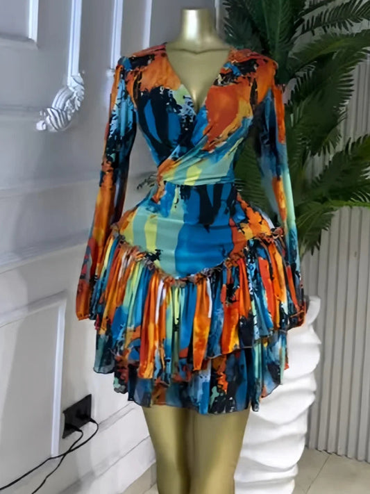 Long Sleeve V-Neck Ruffles Mini Midi Dress
