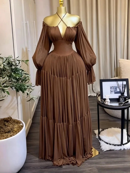 Long Sleeve Slash Neck Maxi Dress