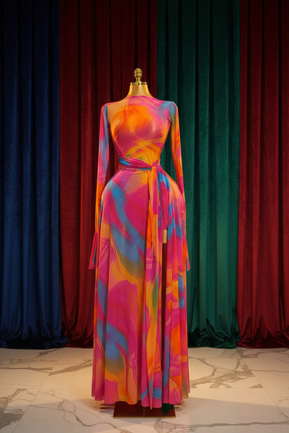 Women Long Flare Sleeve Mermaid Maxi Belt Dress