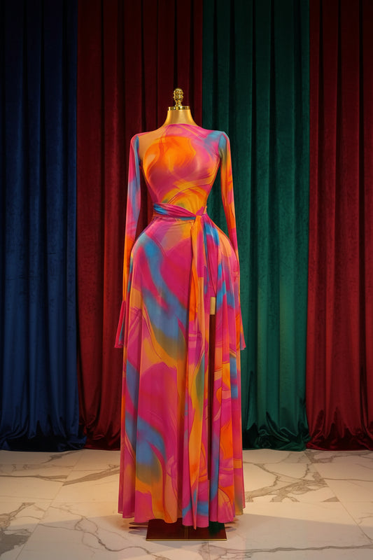 Women Long Flare Sleeve Mermaid Maxi Belt Dress