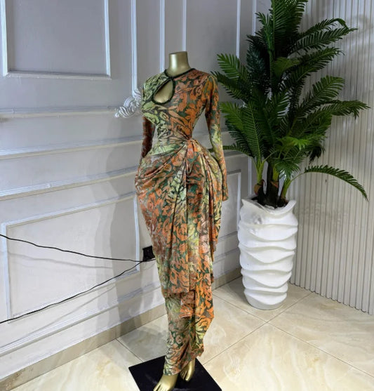 Tie Dye Print Ribbon Ruched Bodycon Maxi Dress