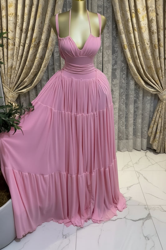 Long Strapless Halter Slim Pleated Dress
