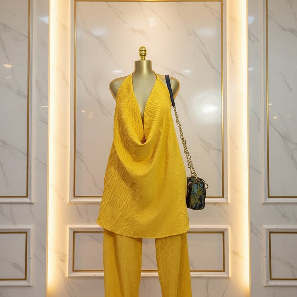 Deep V-Neck Halter Top and Wide Leg Pants