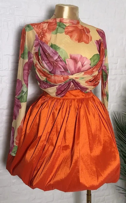 Ruched Cross Floral Print Bud Mini Skirt Suit