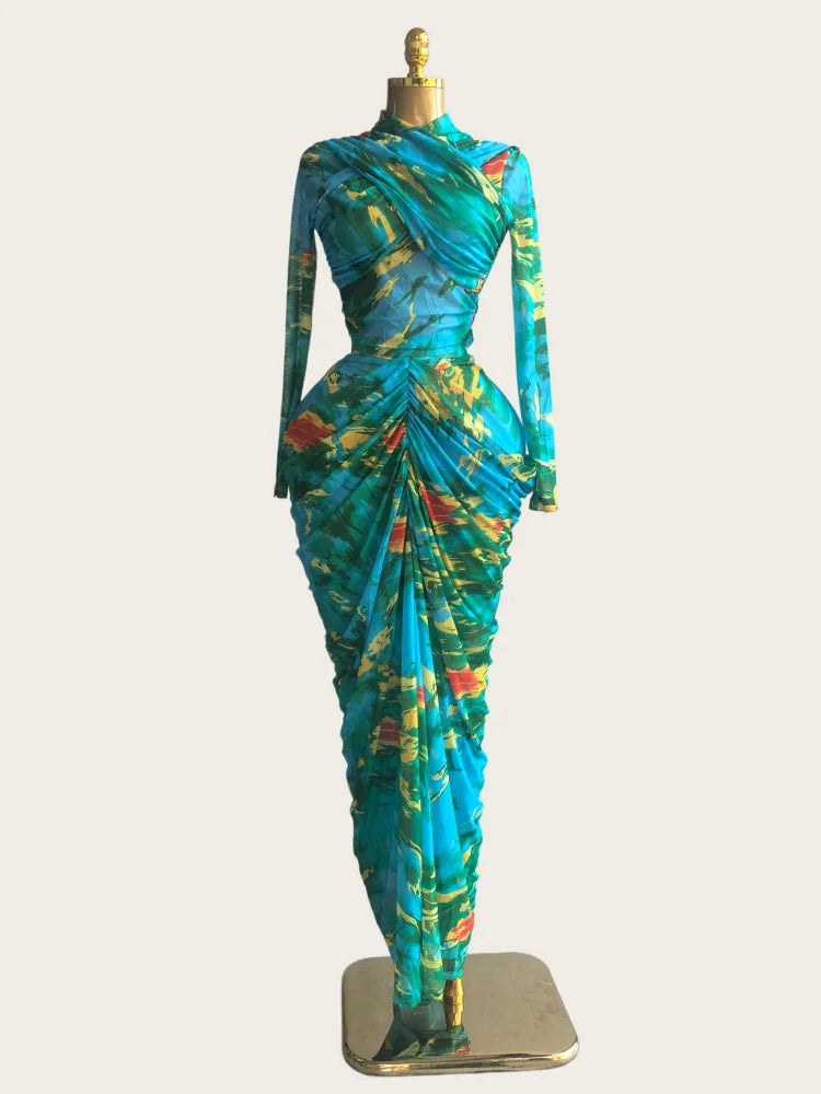 Tie Dye Printed Crop Top + Ruched Maxi Skirt