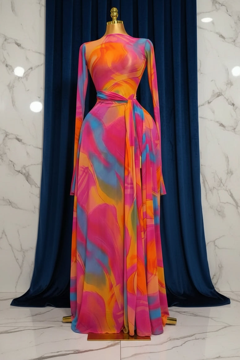 Women Long Flare Sleeve Mermaid Maxi Belt Dress