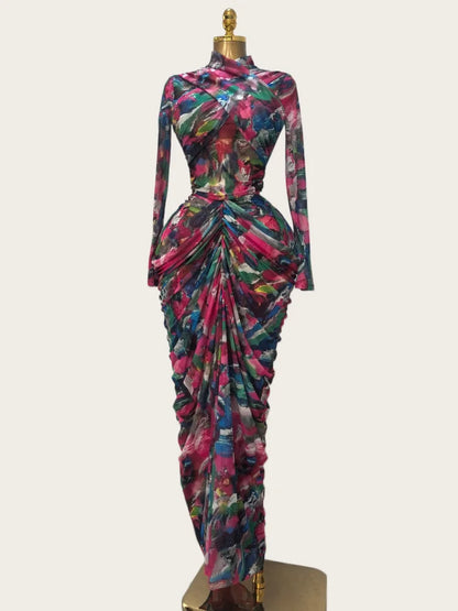 Tie Dye Printed Crop Top + Ruched Maxi Skirt