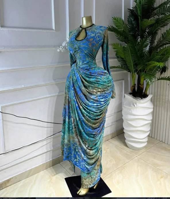 Tie Dye Print Ribbon Ruched Bodycon Maxi Dress
