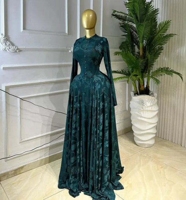 Full Sleeve Pleated Button Print Maxi Dress