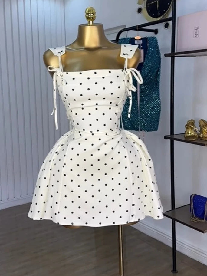 Women Dot Printed Slash A-line Smock Mini Dress