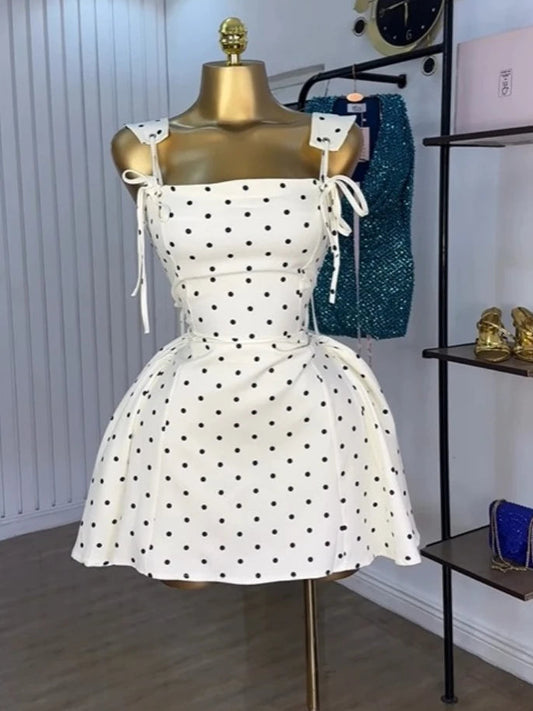 Women Dot Printed Slash A-line Smock Mini Dress