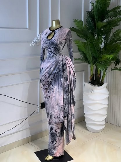 Tie Dye Print Ribbon Ruched Bodycon Maxi Dress