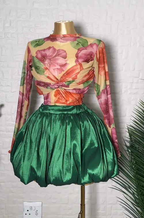 Ruched Cross Floral Print Bud Mini Skirt Suit