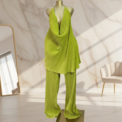 Deep V-Neck Halter Top and Wide Leg Pants