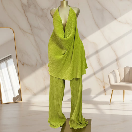 Deep V-Neck Halter Top and Wide Leg Pants
